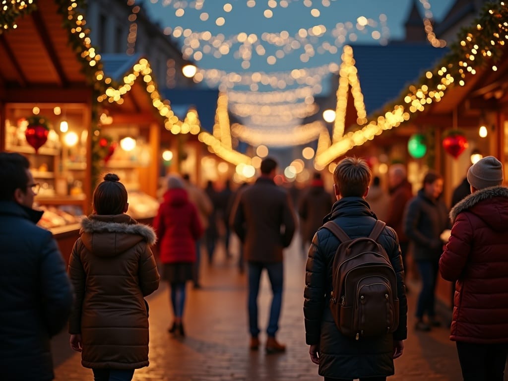 Polska rodzina odwiedza brytyjski jarmark bożonarodzeniowy wieczorem przy świątecznych iluminacjach