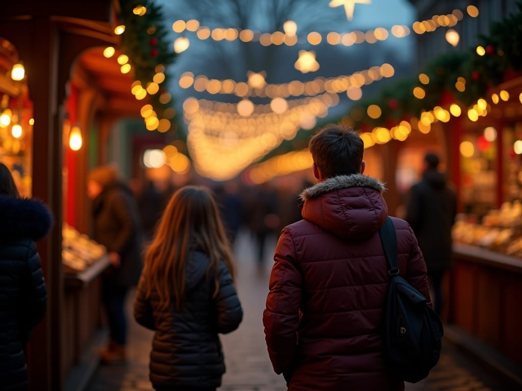 Polska rodzina odwiedza brytyjski jarmark bożonarodzeniowy wieczorem przy świątecznych iluminacjach