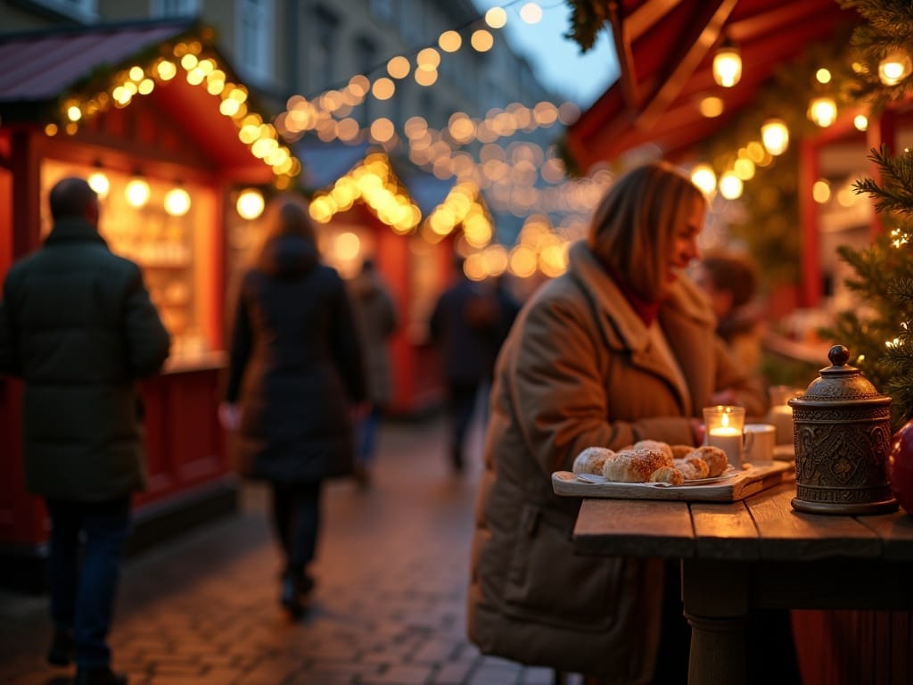 Rodzina spaceruje po brytyjskim jarmarku bożonarodzeniowym wieczorem, otoczona świątecznymi światłami i dekoracjami