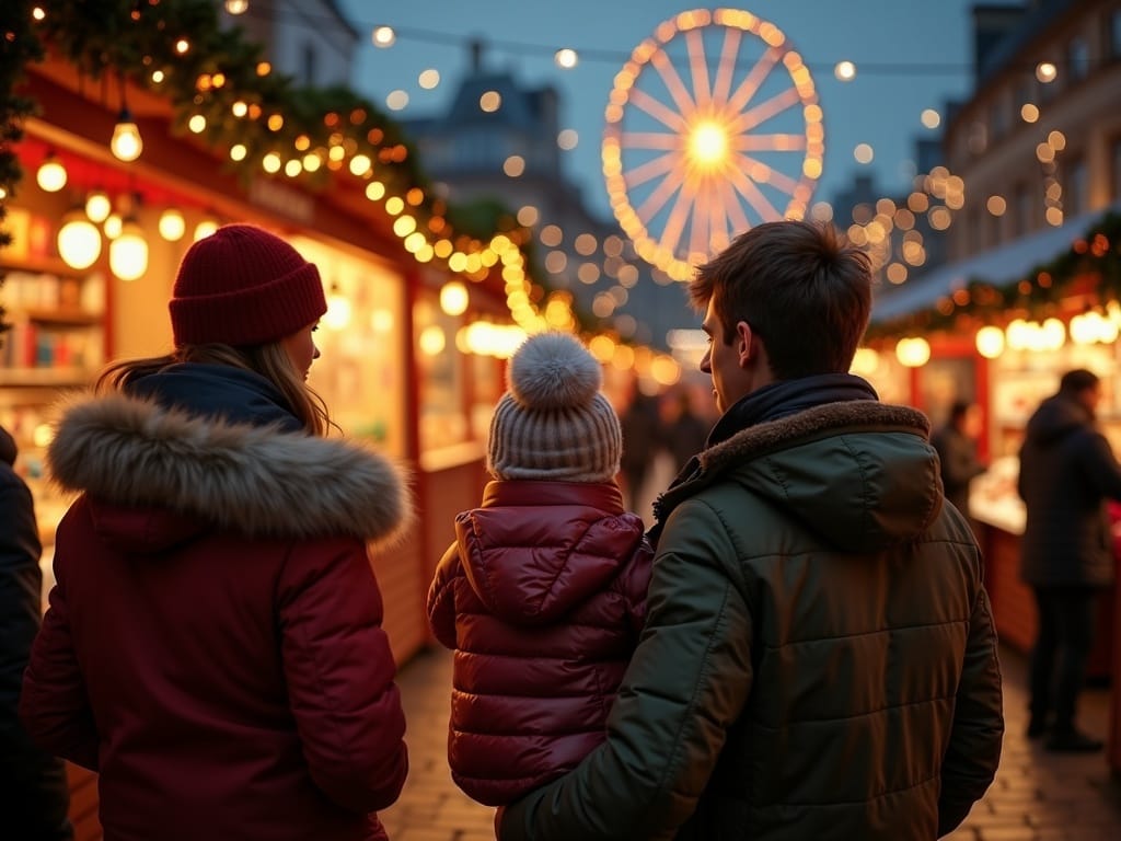 Polska rodzina na jarmarku świątecznym w Wielkiej Brytanii wieczorem, otoczona światełkami i stoiskami