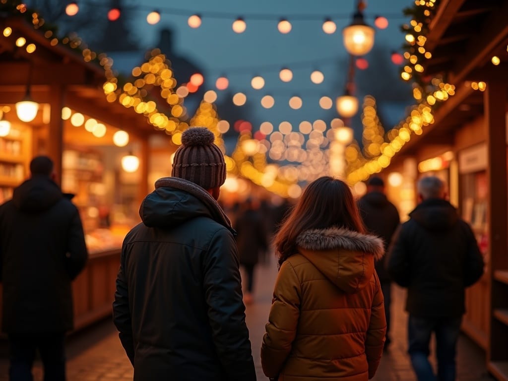 Polska rodzina odwiedza jarmark bożonarodzeniowy w Wielkiej Brytanii wieczorem przy iluminacjach