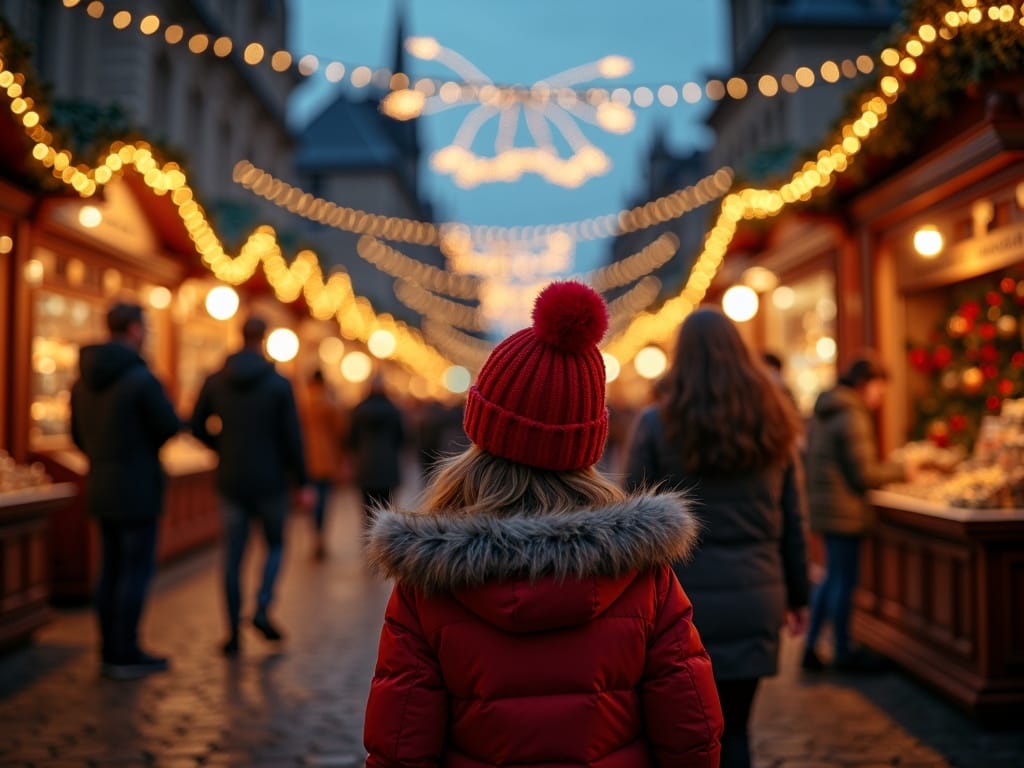 Rodzina zwiedzająca świąteczny jarmark w Edynburgu wieczorem, kolorowe światła