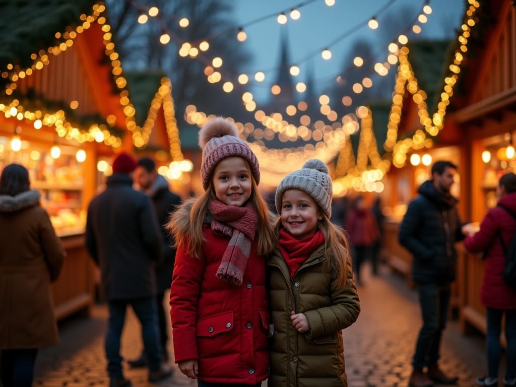 Rodzina zwiedzająca świąteczny jarmark w Edynburgu wieczorem, kolorowe światła