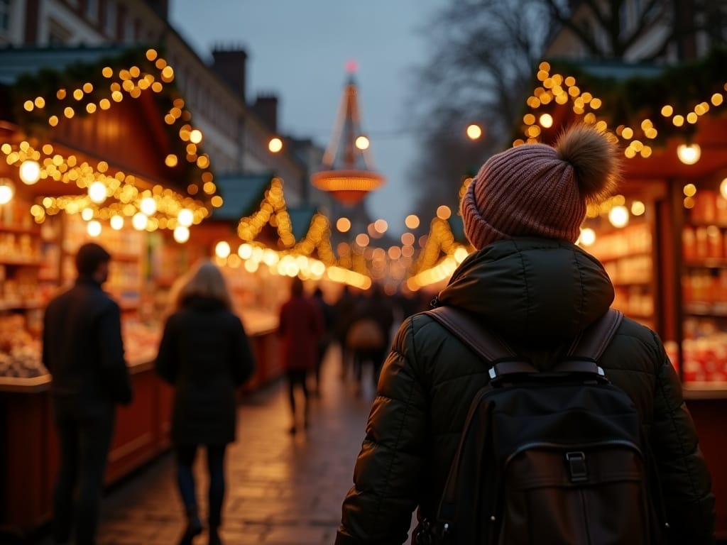 Polska rodzina odwiedza jarmark świąteczny w Wielkiej Brytanii pełen świateł i dekoracji w zimowy wieczór