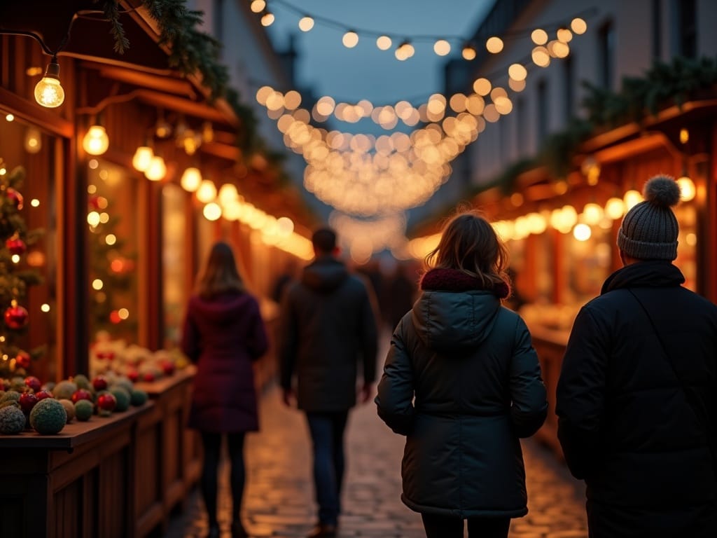 Polska rodzina odwiedza jarmark bożonarodzeniowy w Londynie pod wieczór