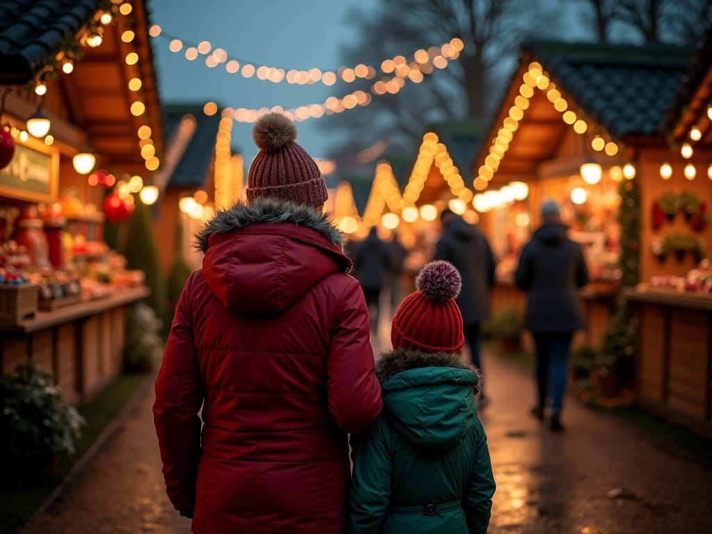 Rodzina spaceruje po świątecznym jarmarku w Wielkiej Brytanii przy wieczornych iluminacjach