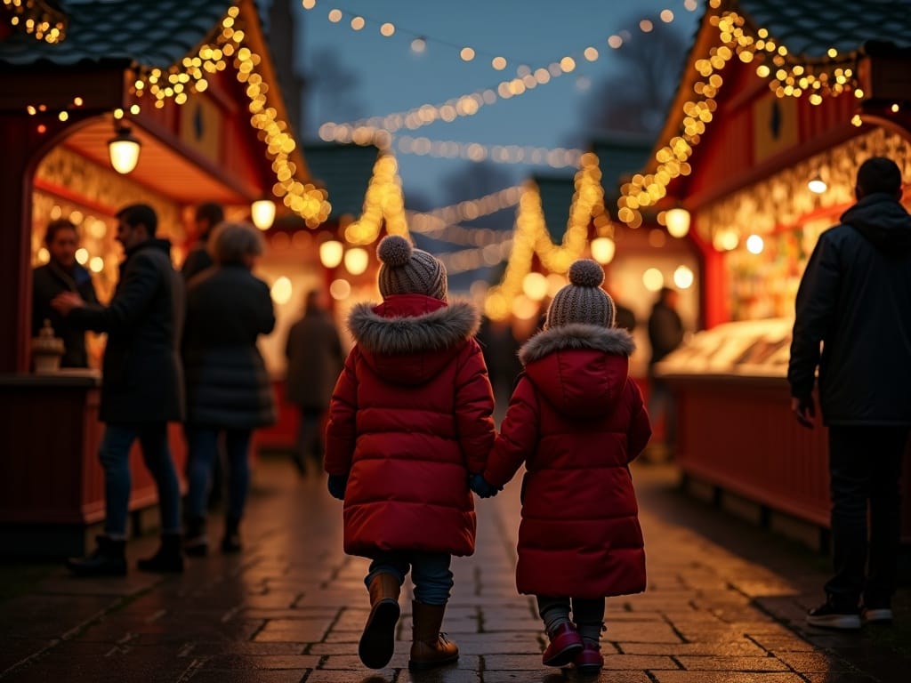 Rodzina zwiedzająca jarmark świąteczny w Edynburgu wśród kolorowych świateł