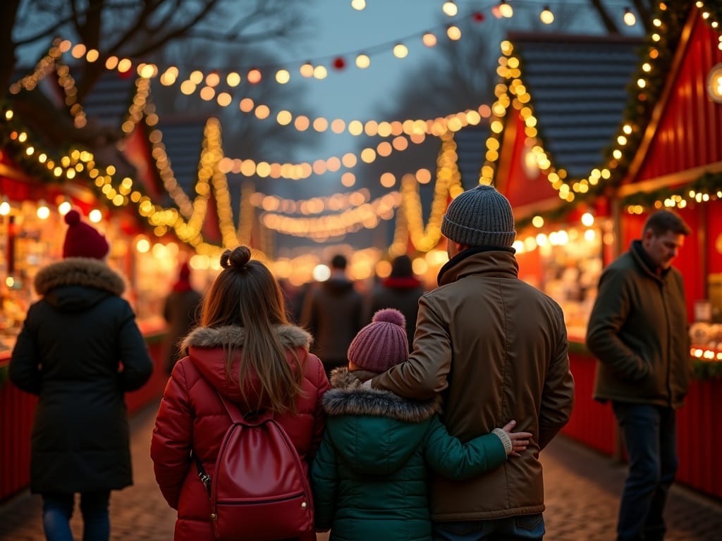 Rodzina zwiedzająca jarmark świąteczny w Edynburgu wśród kolorowych świateł