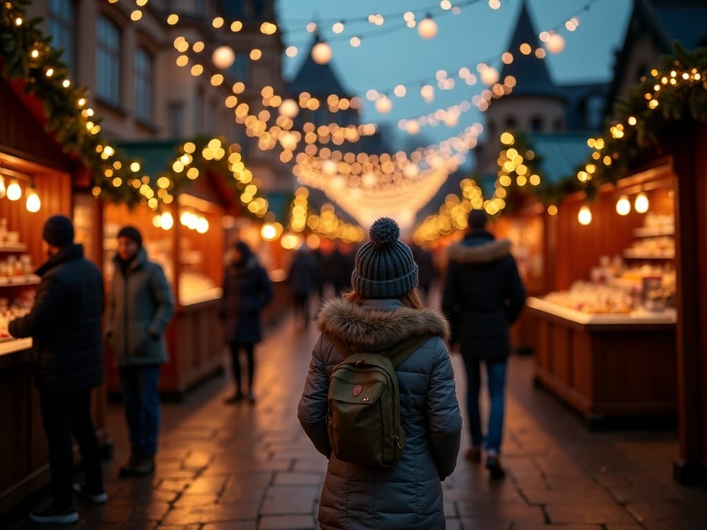 Rodzina odwiedzająca jarmark świąteczny w Wielkiej Brytanii podczas wieczoru pełnego kolorowych świateł