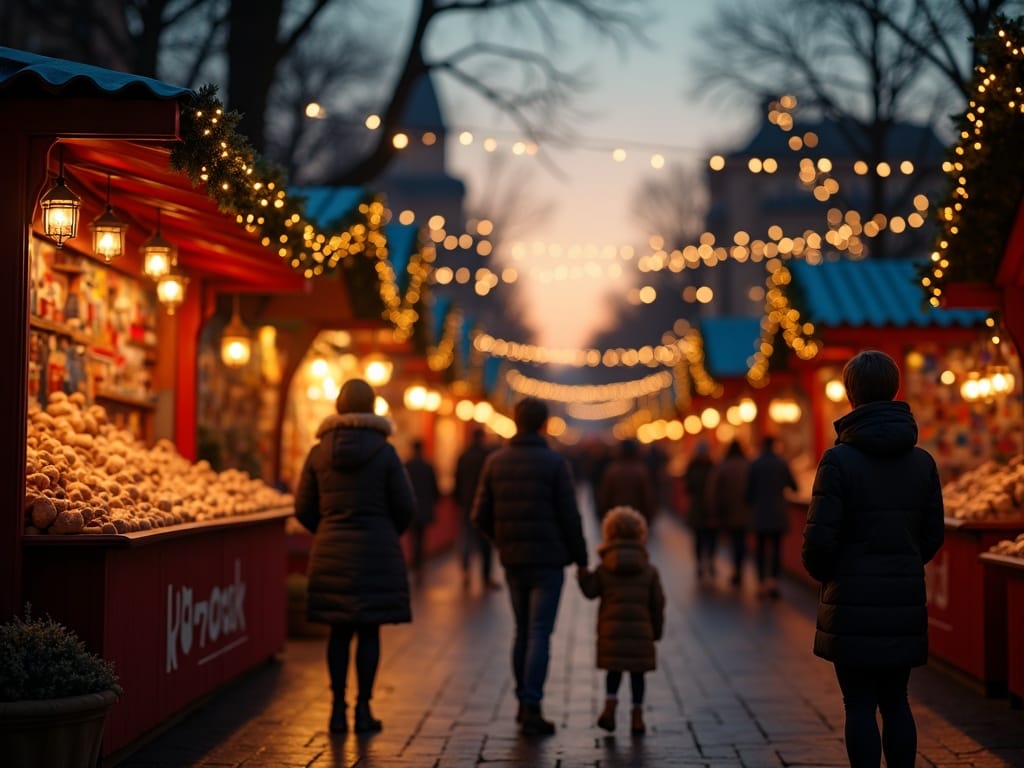Rodzina odwiedzająca jarmark świąteczny w Wielkiej Brytanii podczas wieczoru pełnego kolorowych świateł