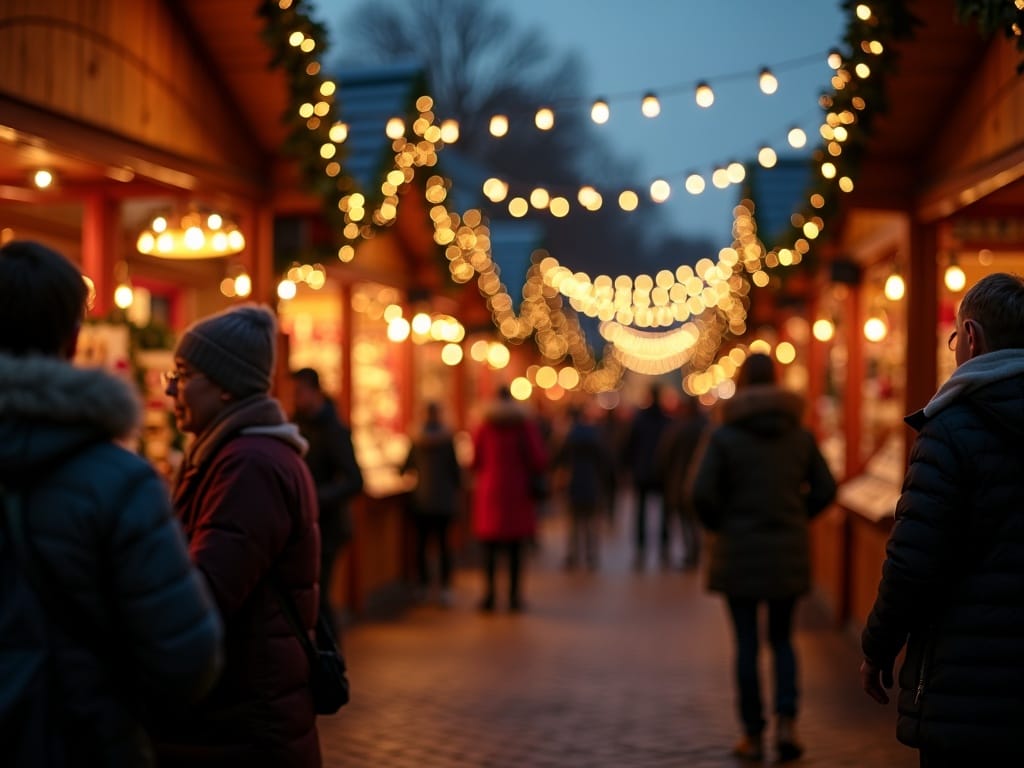 Rodzina odwiedzająca jarmark świąteczny w Wielkiej Brytanii podczas wieczoru pełnego kolorowych świateł