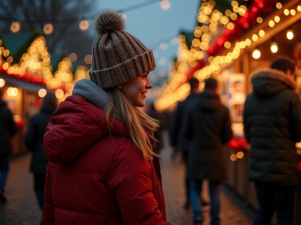 Rodzina na jarmarku bożonarodzeniowym w UK pod wieczornymi światłami