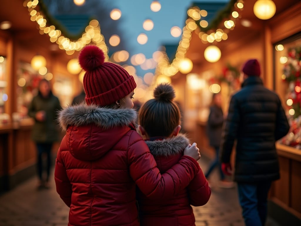 Rodzina na jarmarku bożonarodzeniowym w UK pod wieczornymi światłami