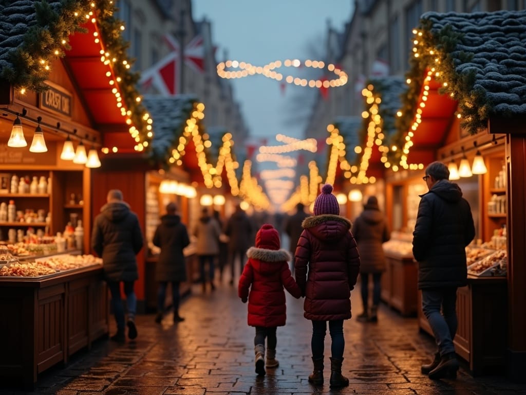 Polska rodzina odwiedza brytyjski jarmark świąteczny wieczorem, otoczona kolorowymi światłami