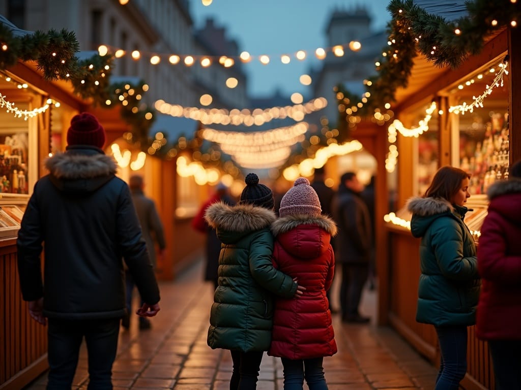 Polska rodzina odwiedza londyński jarmark świąteczny wieczorem, wśród świateł i dekoracji