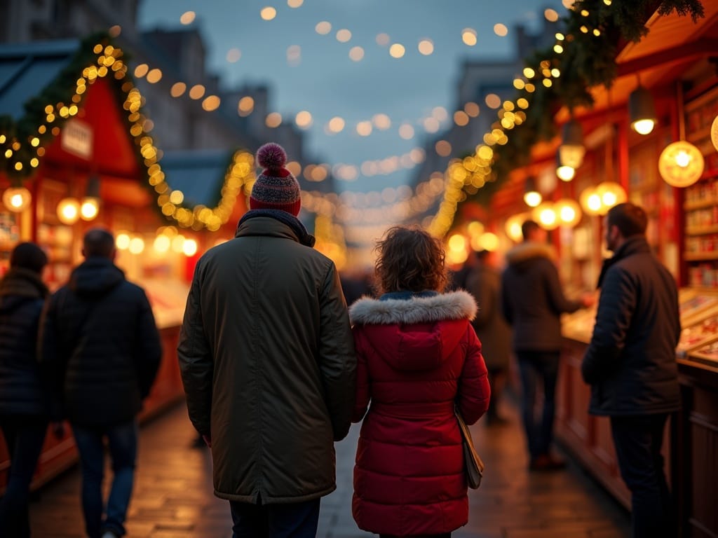 Polska rodzina odwiedza londyński jarmark świąteczny wieczorem, wśród świateł i dekoracji