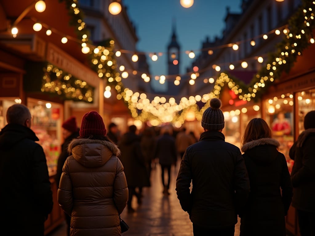 Rodzina odwiedza wieczorny jarmark świąteczny w Wielkiej Brytanii, pełen kolorowych świateł