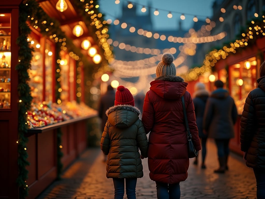 Polska rodzina zwiedza świąteczny jarmark w Londynie wieczorem pod ozdobnym oświetleniem