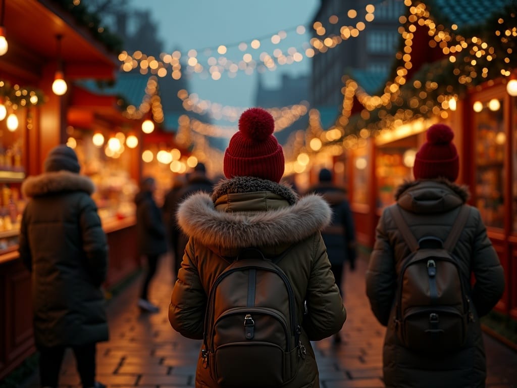 Polska rodzina zwiedza świąteczny jarmark w Londynie wieczorem pod ozdobnym oświetleniem