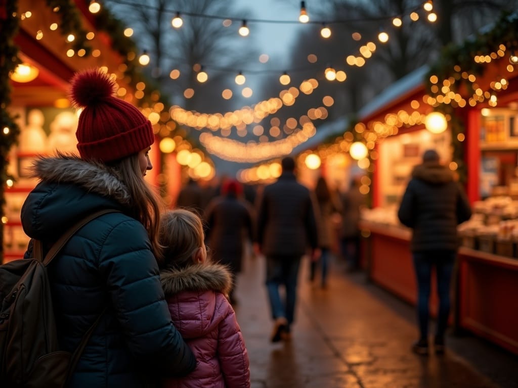 Rodzina spacerująca po londyńskim jarmarku bożonarodzeniowym przy świetle dekoracji