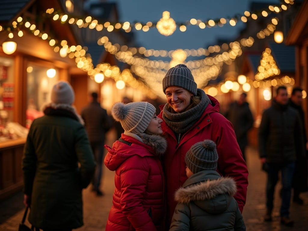 Rodzina spacerująca po londyńskim jarmarku bożonarodzeniowym przy świetle dekoracji