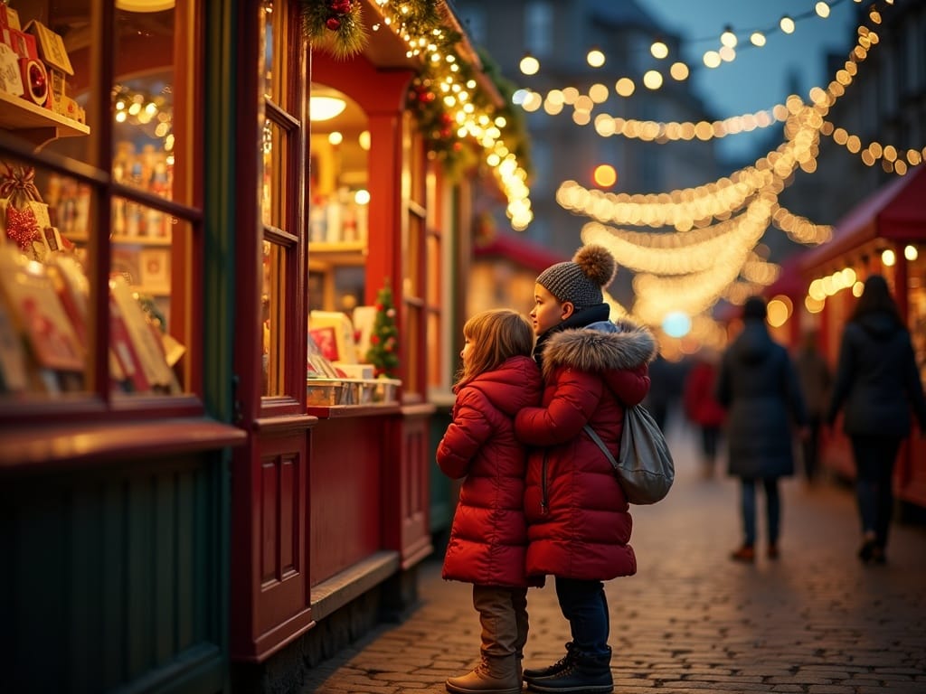 Rodzina spacerująca po londyńskim jarmarku bożonarodzeniowym przy świetle dekoracji