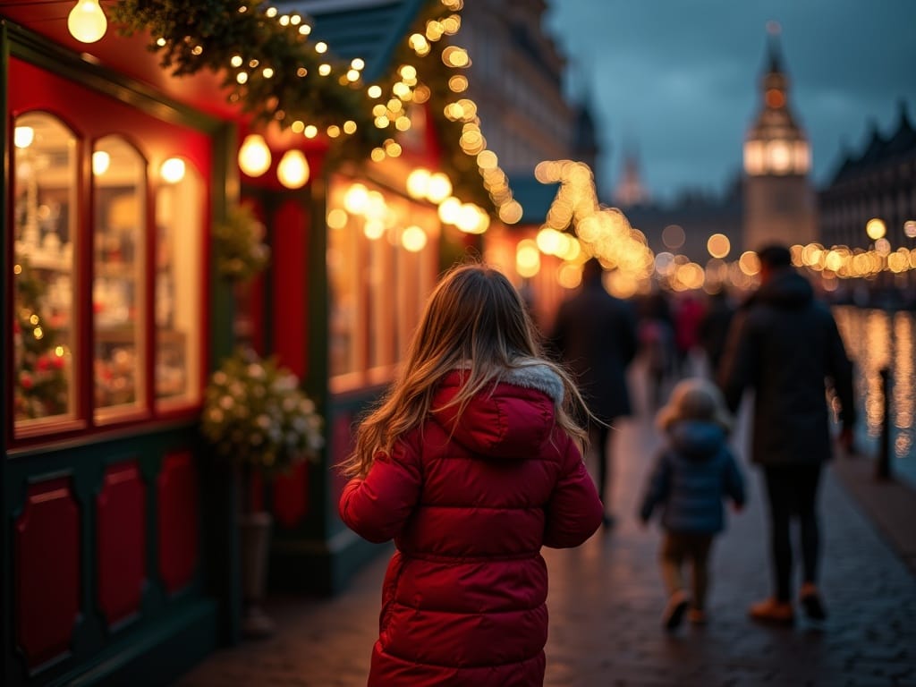Rodzina odwiedza świąteczny jarmark w Wielkiej Brytanii wieczorem, otoczona kolorowymi światłami i ozdobami