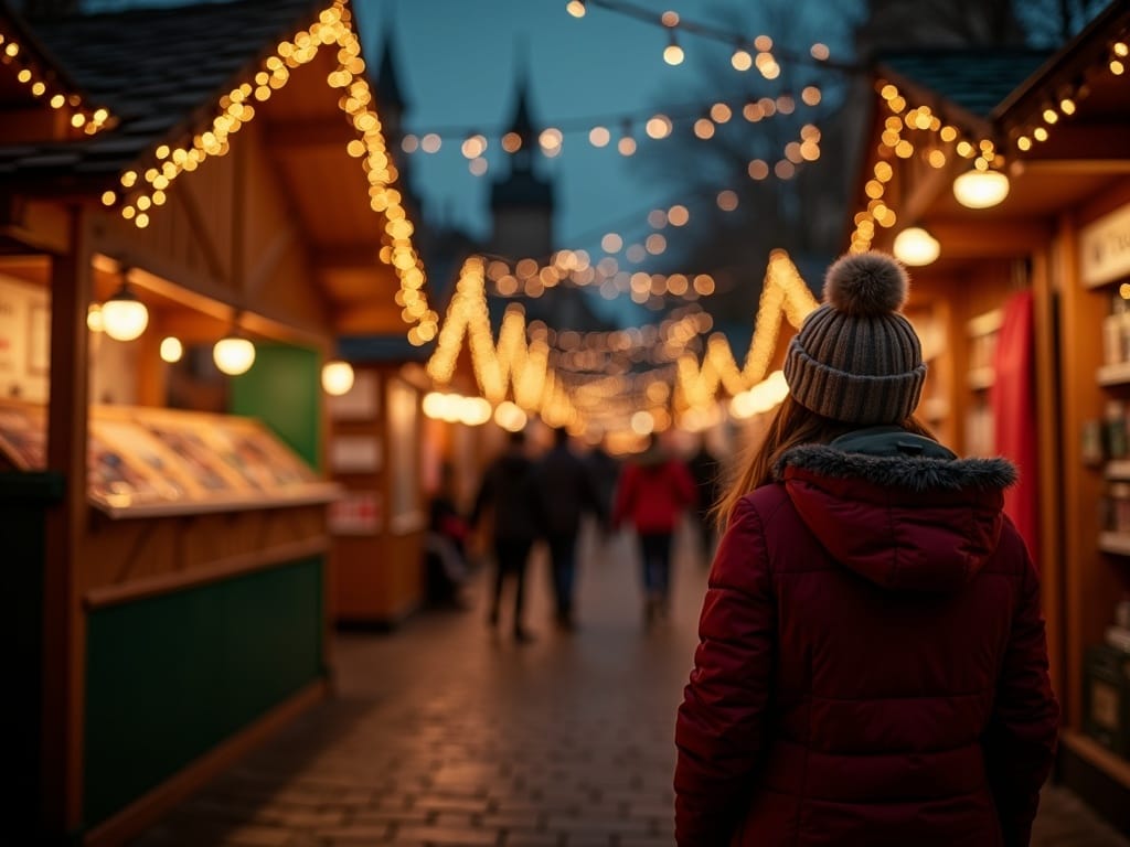 Polska rodzina na jarmarku bożonarodzeniowym w Wielkiej Brytanii wśród świateł i stoisk z dekoracjami