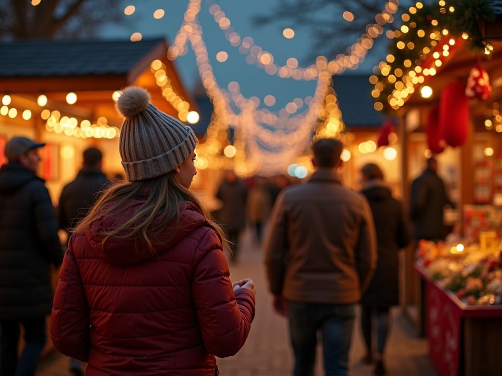 Rodzina spacerująca po świątecznym jarmarku w Wielkiej Brytanii wieczorem, otoczona dekoracjami i światłami
