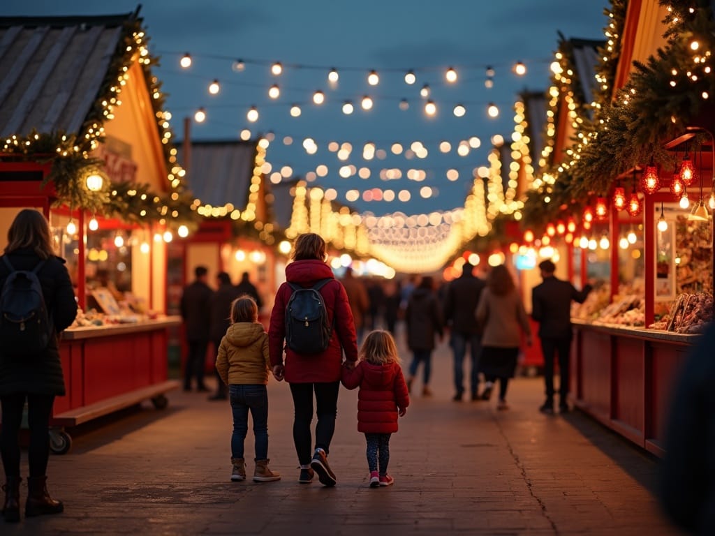 Polska rodzina spacerująca po jarmarku świątecznym w Wielkiej Brytanii przy wieczornych światłach