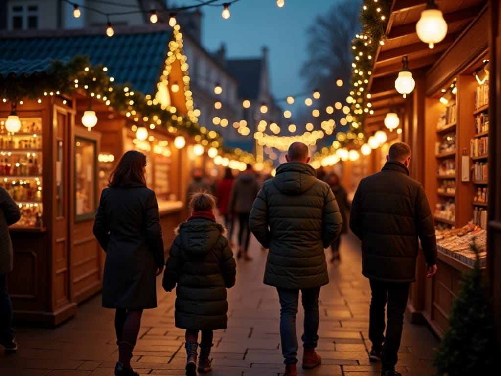 Rodzina spaceruje po świątecznym jarmarku w Wielkiej Brytanii wieczorem, otoczona kolorowymi światłami i dekoracjami