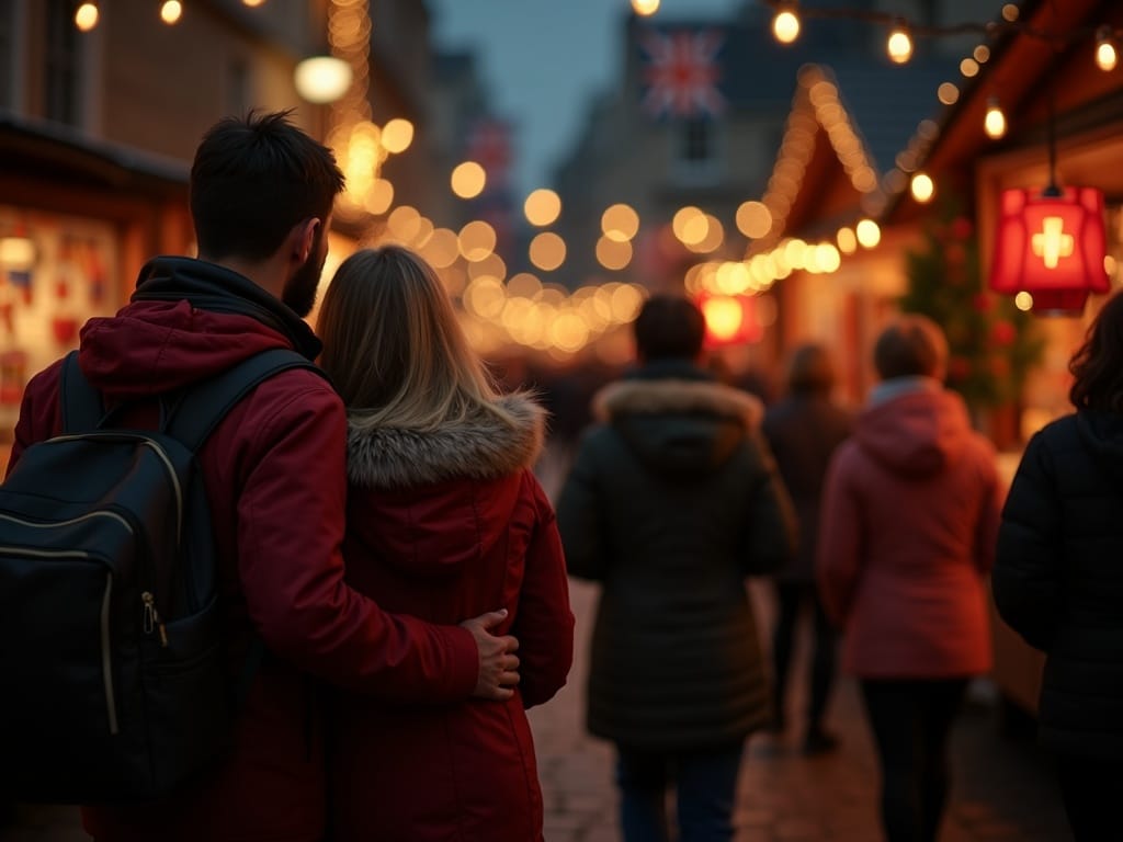Polska rodzina zwiedza jarmark bożonarodzeniowy w Wielkiej Brytanii wieczorem przy świątecznych światłach
