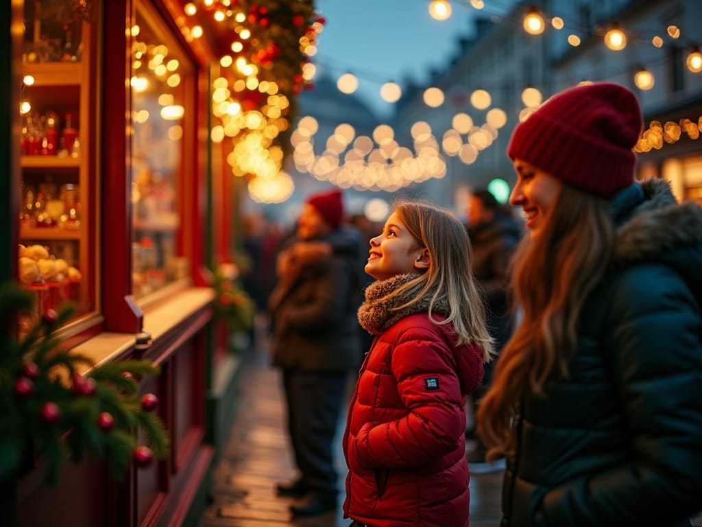 Rodzina odwiedza świąteczny jarmark w Wielkiej Brytanii wieczorem