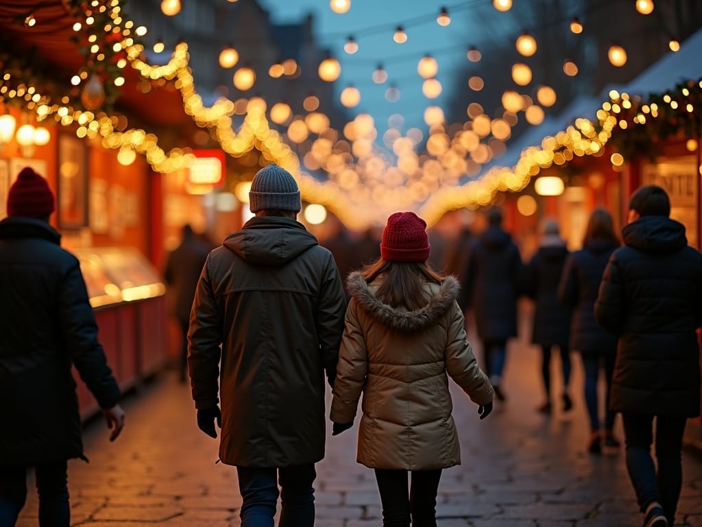Rodzina odwiedza świąteczny jarmark w Wielkiej Brytanii wieczorem