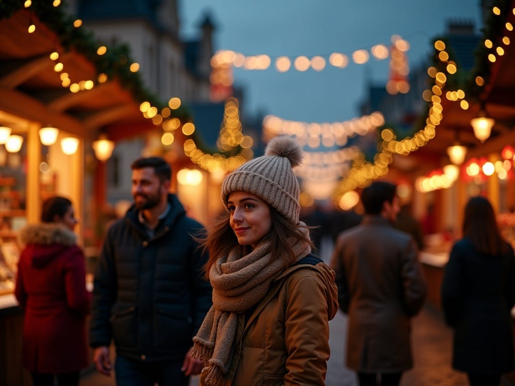 Polska rodzina spacerująca po świątecznym jarmarku w Anglii wieczorem, ozdoby w kolorach czerwonym, złotym i zielonym