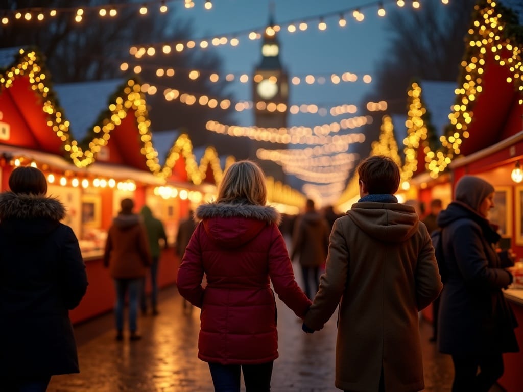 Rodzina zwiedza jarmark bożonarodzeniowy w Londynie o zmroku