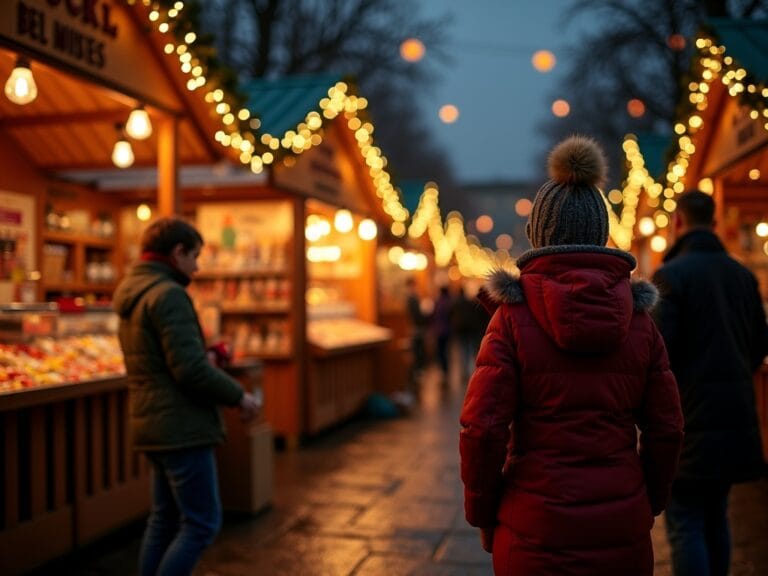 Rodzina zwiedza jarmark bożonarodzeniowy w Londynie o zmroku