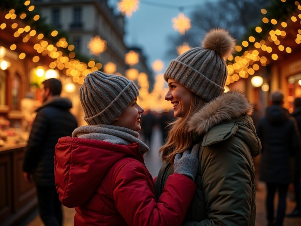 Rodzina zwiedza jarmark bożonarodzeniowy w Londynie o zmroku