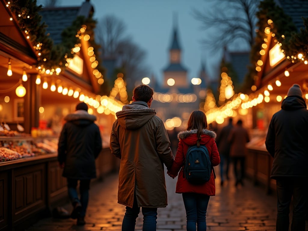 Rodzina spacerująca po świątecznym jarmarku w Wielkiej Brytanii wieczorem