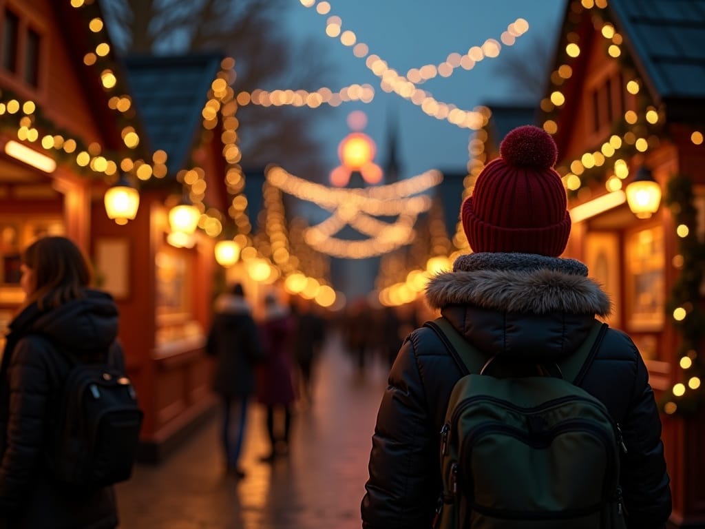 Rodzina spacerująca po świątecznym jarmarku w Wielkiej Brytanii wieczorem