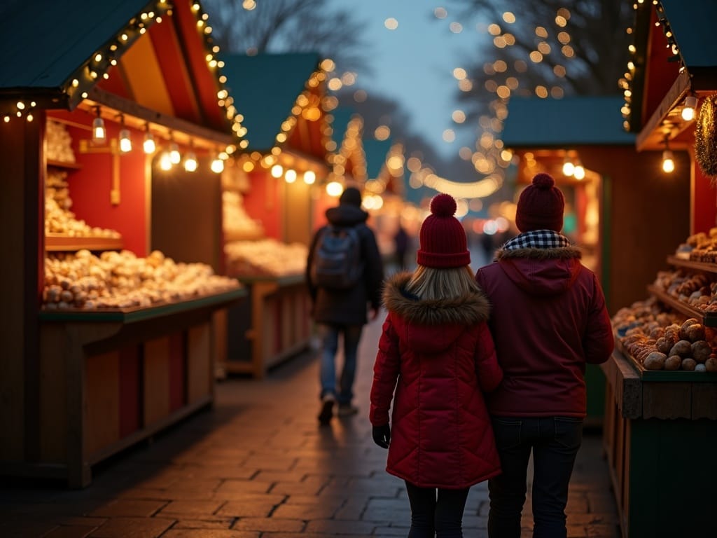 Polska rodzina zwiedza jarmark bożonarodzeniowy w Wielkiej Brytanii, wieczorne światła, nastrój świąt