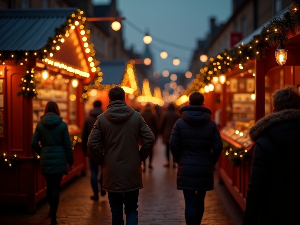 Polska rodzina zwiedza jarmark bożonarodzeniowy w Wielkiej Brytanii, wieczorne światła, nastrój świąt