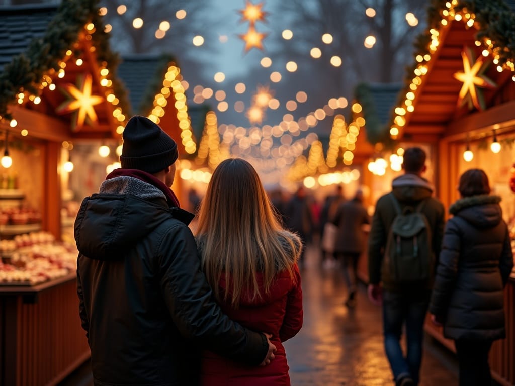 Rodzina odwiedzająca jarmark bożonarodzeniowy w Wielkiej Brytanii wieczorem, wśród świateł i ozdób