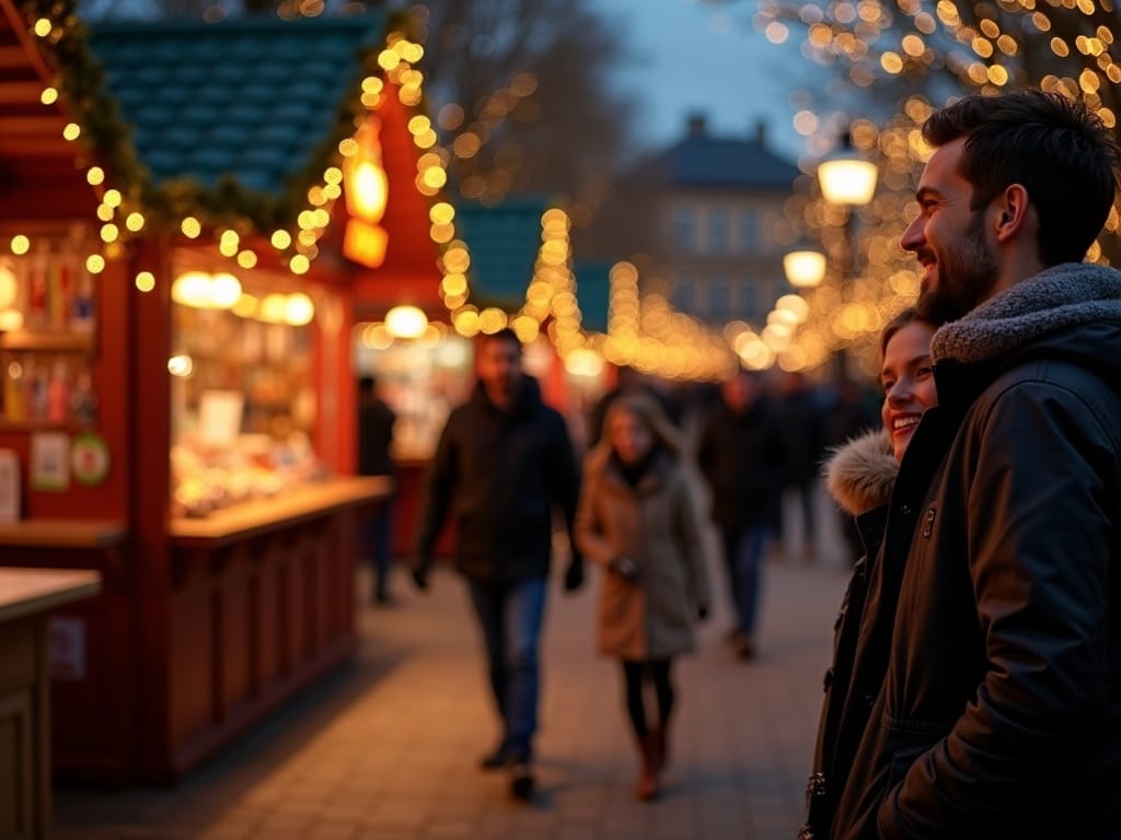 Rodzina odwiedzająca jarmark bożonarodzeniowy w Wielkiej Brytanii wieczorem, wśród świateł i ozdób
