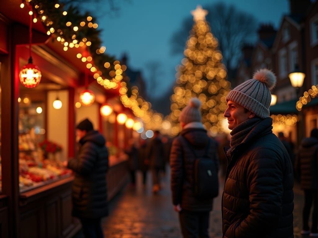 Polska rodzina spaceruje po jarmarku świątecznym w Wielkiej Brytanii wieczorem, otoczona światełkami i straganami