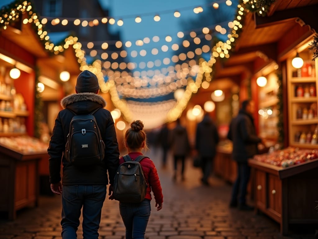 Polska rodzina spaceruje po jarmarku świątecznym w Wielkiej Brytanii wieczorem, otoczona światełkami i straganami