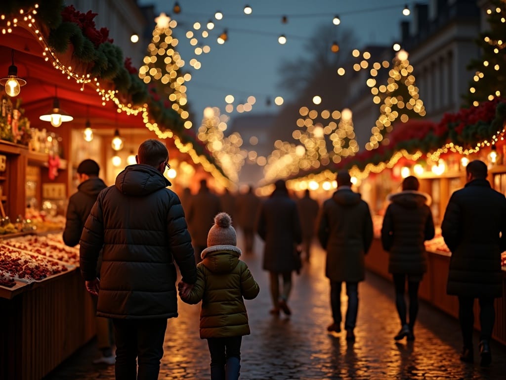 Polska rodzina spaceruje po jarmarku świątecznym w Wielkiej Brytanii wieczorem, otoczona światełkami i straganami