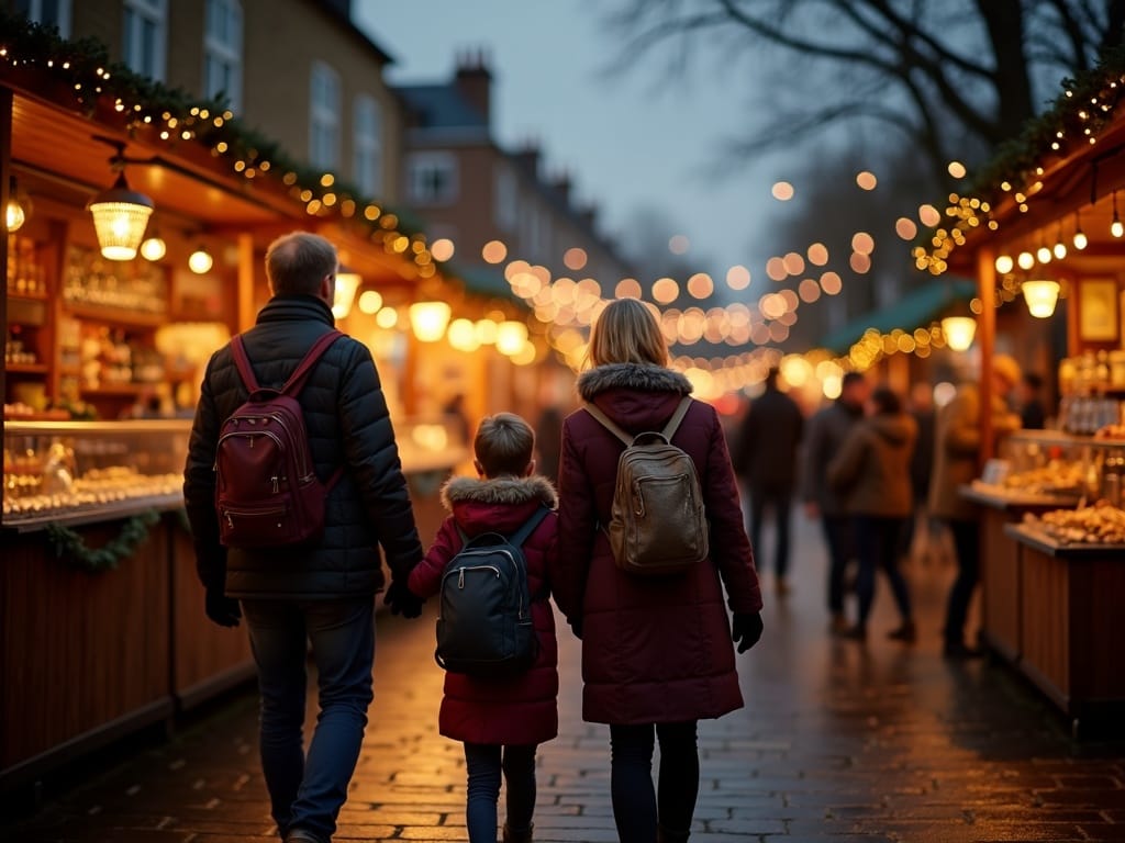 Polska rodzina na jarmarku bożonarodzeniowym w Londynie wieczorem