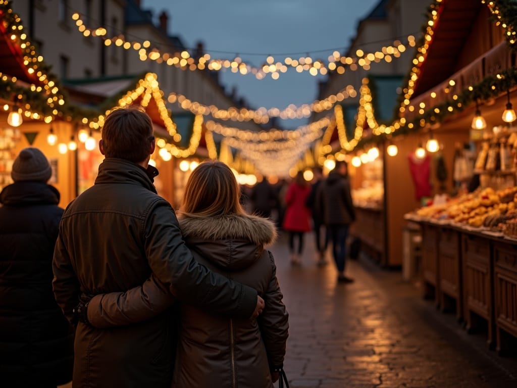 Polska rodzina na jarmarku bożonarodzeniowym w Londynie wieczorem
