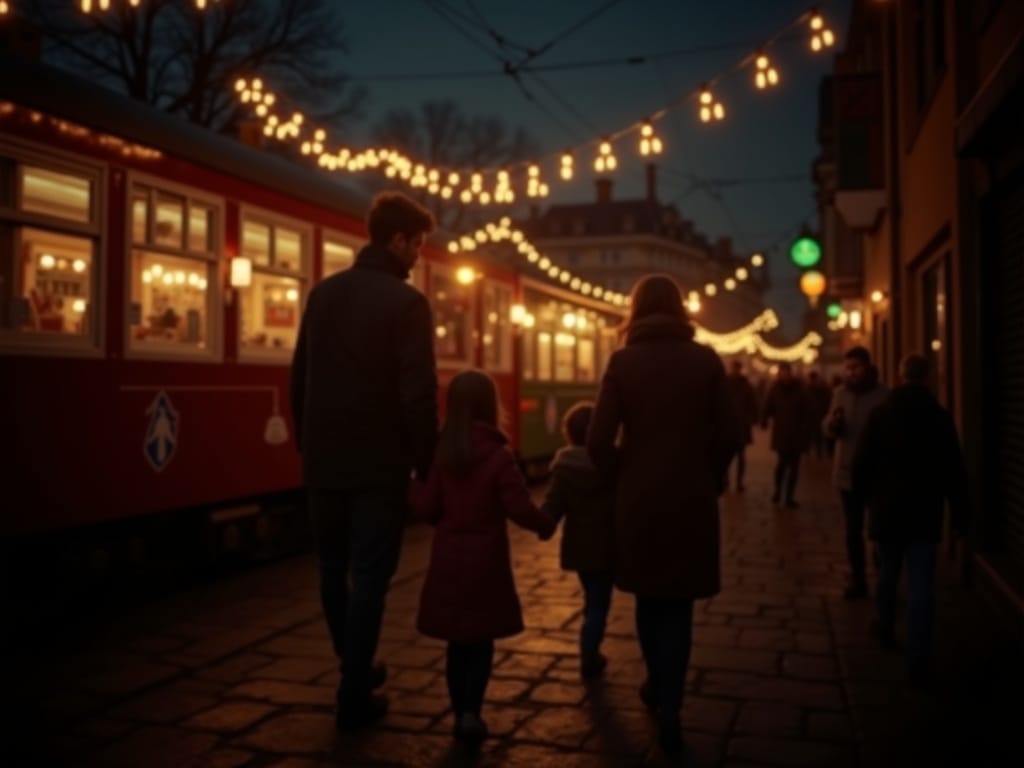 Rodzina odwiedzająca jarmark świąteczny w Wielkiej Brytanii przy blasku wieczornych świateł